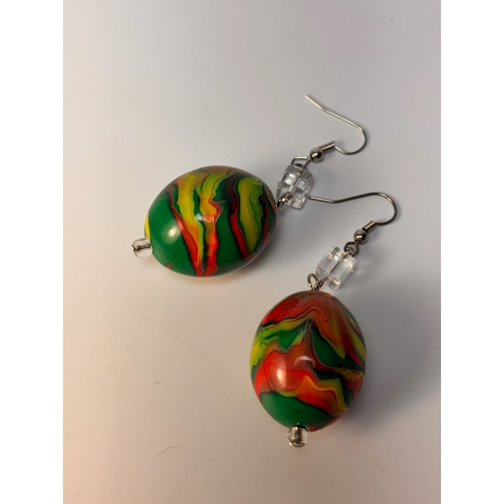 Handmade Art Glass Earrings Green Swirl Marbled Boho Statement Psychedelic Goth